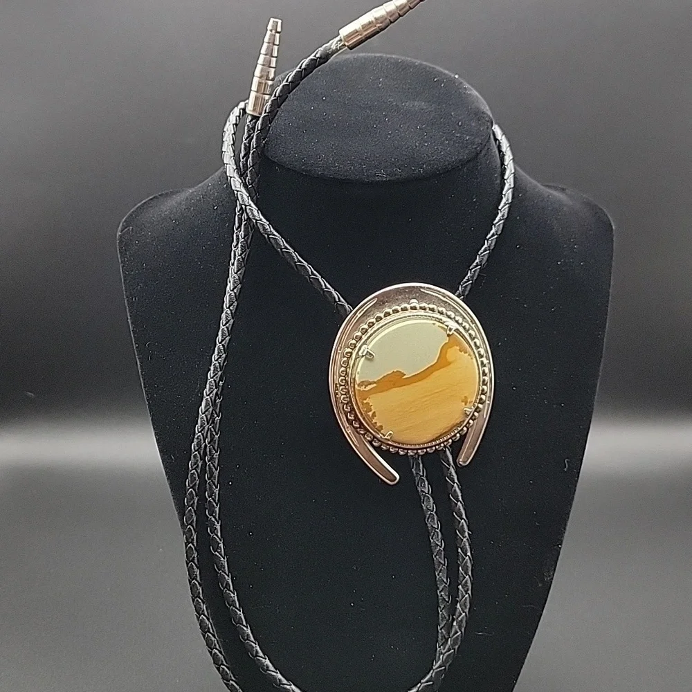 Mens Desert Lanscape Picture Jasper Bolo Braided Leather Tie Natural Gemstone